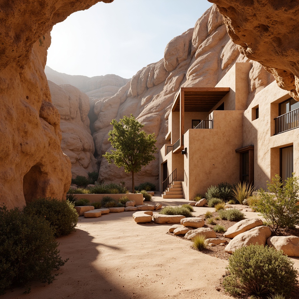 Prompt: Rustic canyon landscape, eroded rock formations, desert vegetation, warm sandy tones, adobe-inspired architecture, earthy facade materials, rough-hewn stone walls, wooden accents, curved lines, organic shapes, natural ventilation systems, cantilevered roofs, overhanging eaves, shaded outdoor spaces, warm golden lighting, soft focus, atmospheric perspective, 2/3 composition, cinematic view, realistic rock textures, ambient occlusion.