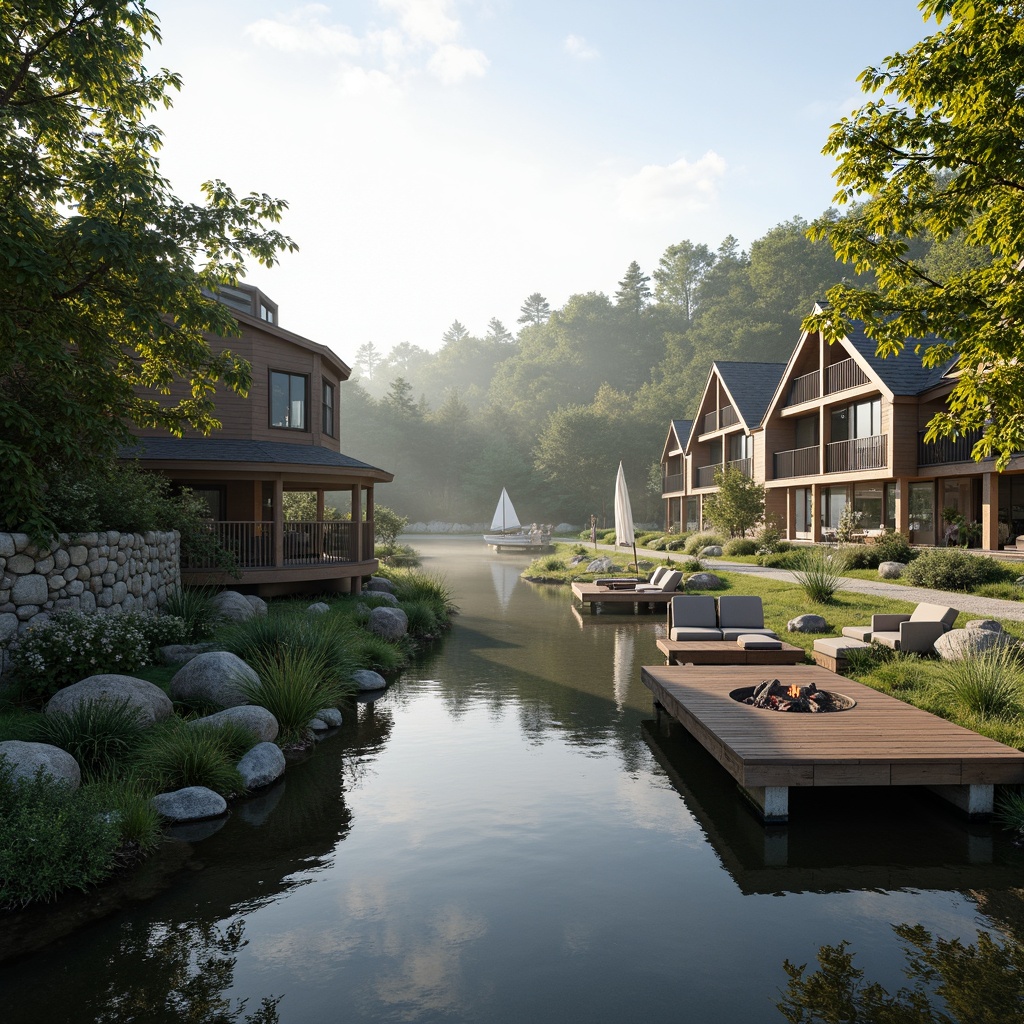 Prompt: Lakefront homes, serene water views, lush greenery, natural stone walls, wooden docks, sailboats, calm lake waters, misty morning atmosphere, warm sunlight reflections, soft gentle breeze, 1/1 composition, shallow depth of field, realistic water textures, ambient occlusion, rustic outdoor furniture, nautical-themed decor, cozy fire pit areas, scenic hiking trails, surrounding forest trees, birdwatching spots, peaceful evening ambiance.