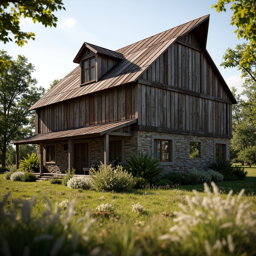 Prompt: Rustic barn, wooden planks, weathered shingles, stone foundations, vintage metal roofs, distressed wood textures, earthy color palette, natural surroundings, overgrown vegetation, wildflowers, sunny afternoon, warm soft lighting, shallow depth of field, 1/1 composition, symmetrical view, realistic wood grain, ambient occlusion, subtle vignette.