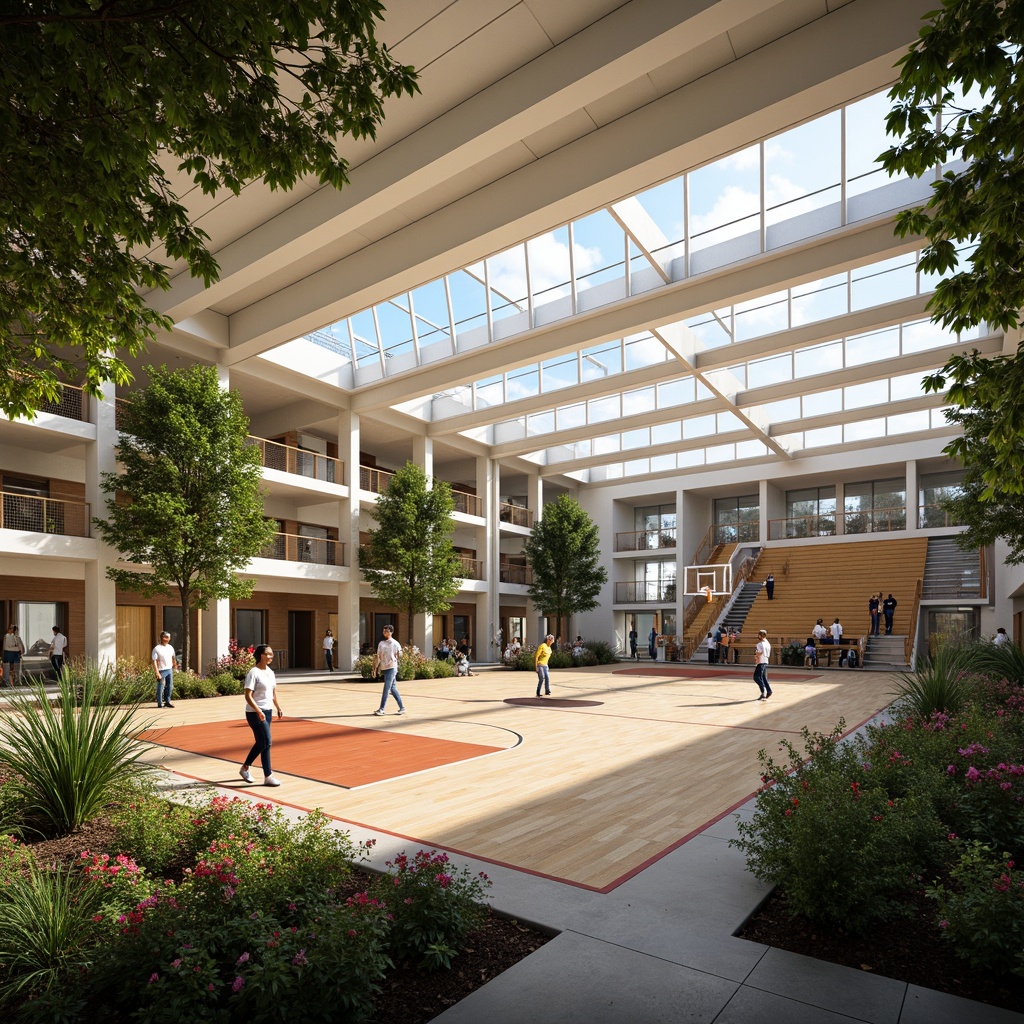 Prompt: Vibrant gymnasium interior, natural light pouring in, clerestory windows, wooden flooring, basketball courts, sports equipment, athletic tracks, grandstands, modern architecture, seamless outdoor integration, lush greenery, blooming flowers, trees surrounding building, shaded outdoor spaces, misting systems, soft warm lighting, shallow depth of field, 3/4 composition, panoramic view, realistic textures, ambient occlusion.