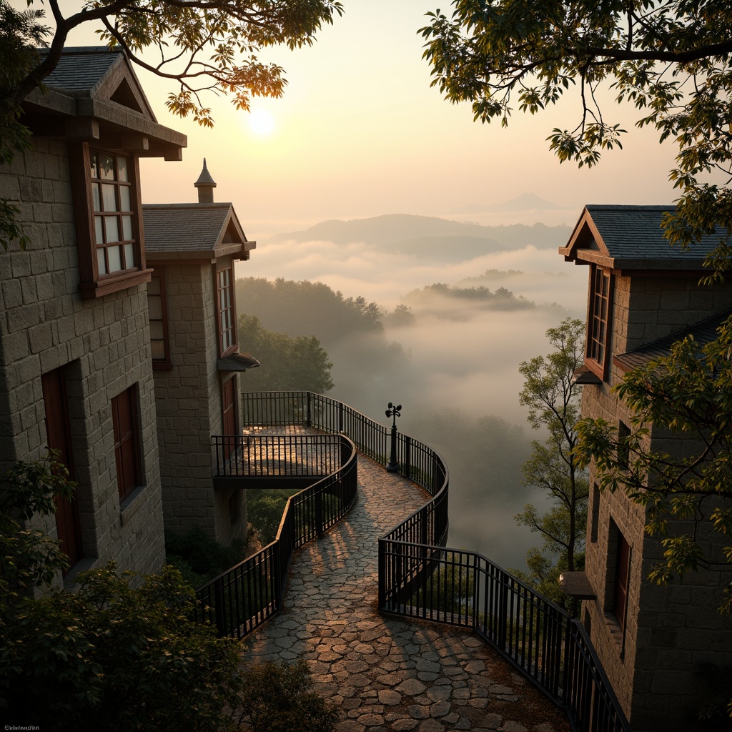 Prompt: Panoramic viewing deck, winding staircases, elevated platforms, majestic stone walls, ancient tree branches, mysterious foggy mornings, warm golden lighting, dramatic sunsets, 1/1 composition, symmetrical architecture, ornate iron railings, vintage binoculars, rustic wooden accents, moss-covered roofs, overhanging eaves, bird's-eye views, cinematic framing, atmospheric perspective, misty atmosphere, eerie silence.