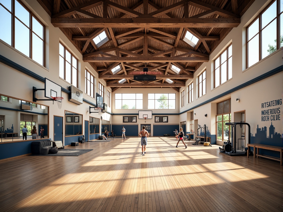 Prompt: Modern gymnasium interior, high ceilings, clerestory windows, abundant natural light, wooden flooring, athletic equipment, basketball hoops, tennis courts, exercise machines, mirrored walls, minimalist decor, sleek lines, vibrant colors, motivational quotes, athlete silhouettes, soft warm lighting, shallow depth of field, 1/2 composition, realistic textures, ambient occlusion.