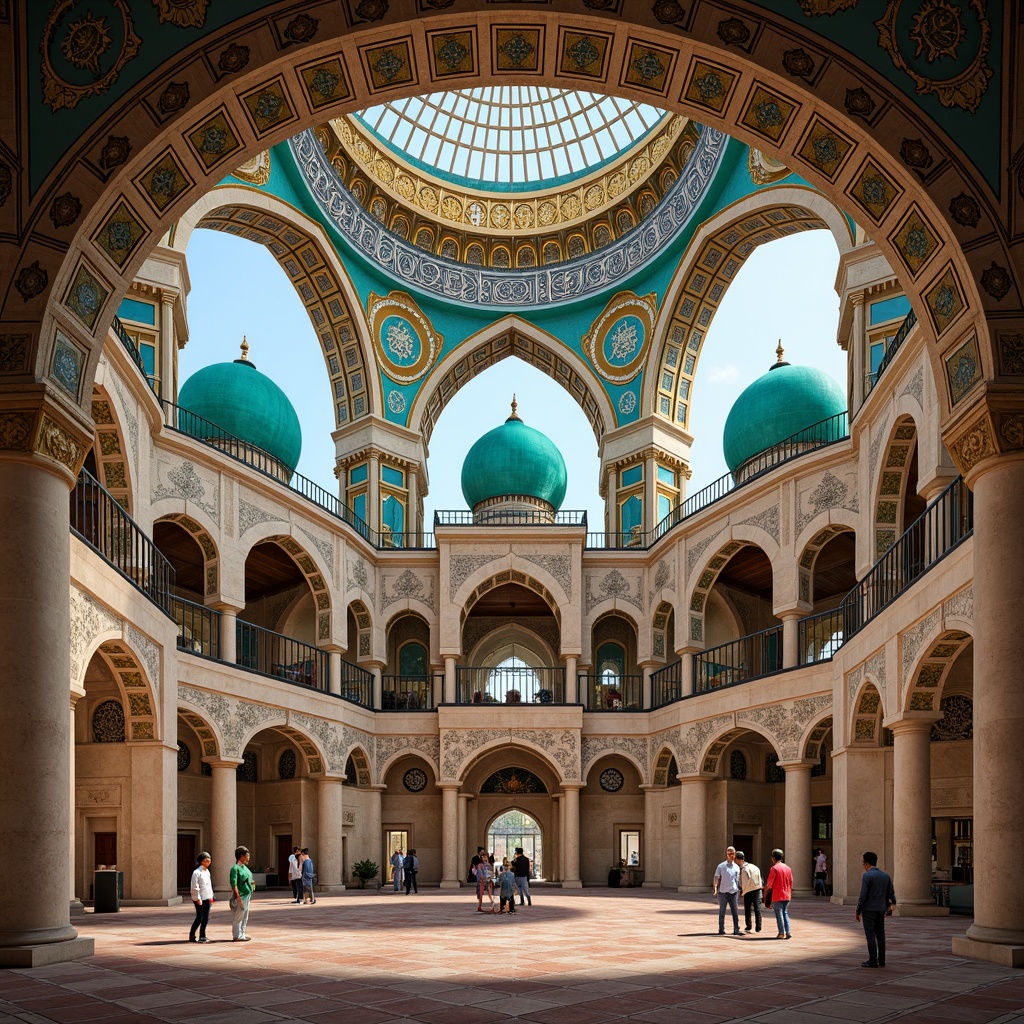 Prompt: Intricate mosque design, Islamic geometric patterns, vibrant turquoise domes, golden minarets, prayer halls, ornate archways, intricate stone carvings, sacred texts, serene courtyards, natural light filtering, soft warm ambiance, shallow depth of field, 3/4 composition, panoramic view, realistic textures, ambient occlusion, community gathering spaces, cultural heritage preservation, spiritual harmony, peaceful coexistence, inclusive worship areas, accessible ramps, braille signage, adaptive reuse, sustainable materials, energy-efficient systems.