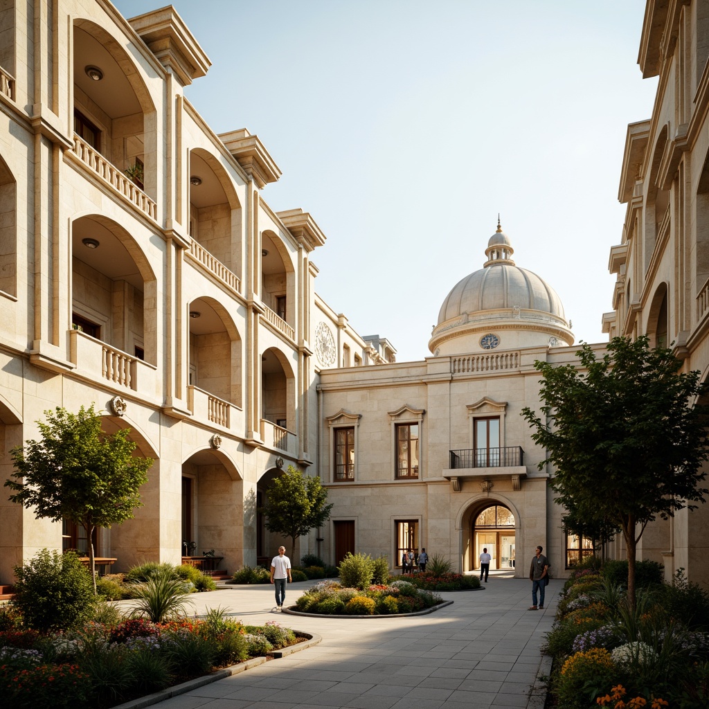 Prompt: Majestic classical buildings, creamy white marble, warm beige stone, soft golden lighting, ornate details, subtle shadowing, grandiose columns, elegant arches, refined stucco textures, symmetrical facades, imposing domes, lush greenery, vibrant flowers, serene water features, tranquil atmosphere, 1/1 composition, shallow depth of field, realistic renderings.