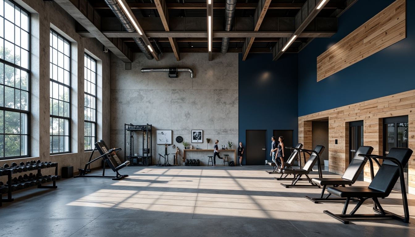 Prompt: Monochromatic fitness studio, industrial-chic aesthetic, concrete flooring, metallic accents, reclaimed wood walls, sleek equipment, matte black machinery, neutral tones, soft gray hues, calming whites, accent walls in deep blues, LED strip lighting, high ceilings, minimalist decor, functional layout, brutalist architecture, urban feel, morning natural light, subtle shadows, 1/1 composition, dramatic contrast, realistic textures.