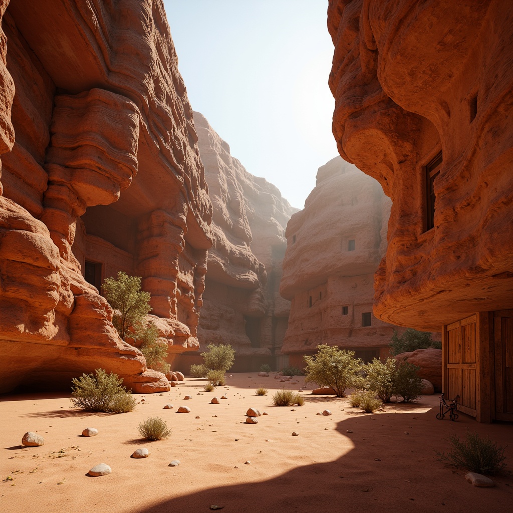 Prompt: Eroded canyon walls, rust-colored rock formations, sandy dunes, sparse desert vegetation, warm golden light, soft shadows, weathered wooden accents, rough-hewn stone textures, organic earthy tones, natural sedimentary patterns, geometric rock striations, vast open spaces, atmospheric mist, subtle color gradations, low-angle sunlight, cinematic composition, realistic depth cues.