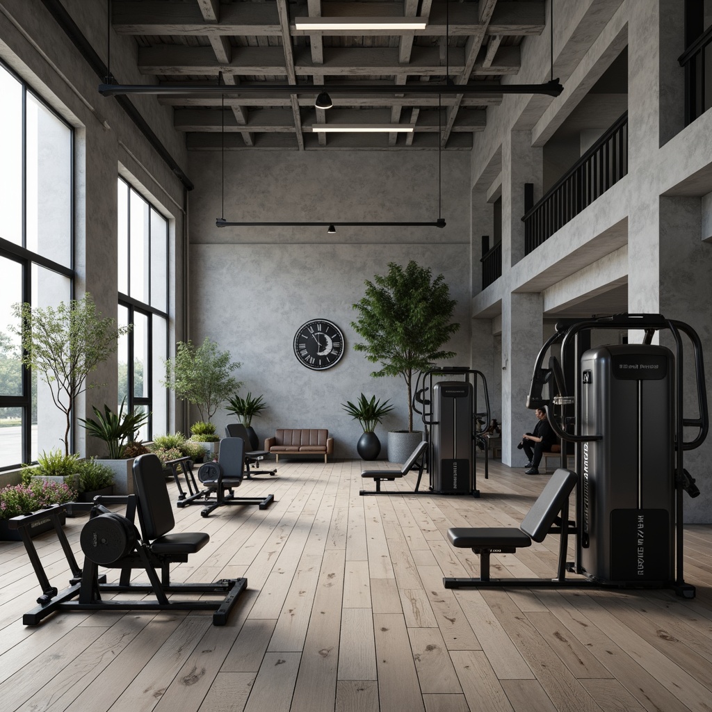 Prompt: Monochromatic fitness club, industrial concrete walls, sleek metal equipment, matte black machines, wooden flooring, minimalist decor, neutral color scheme, soft white lighting, subtle shadows, calm ambiance, sparse greenery, natural stone accents, metallic tones, industrial chic atmosphere, 3/4 composition, shallow depth of field, realistic textures.