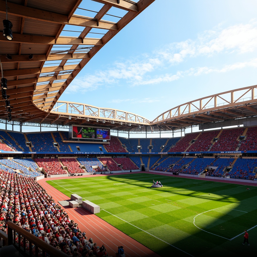 Prompt: Vibrant stadium architecture, bold team colors, dynamic LED lights, sleek metal structures, modern grandstand seating, lush green grass fields, athletic track lanes, sports equipment storage, electronic scoreboards, energetic crowd atmosphere, warm sunny day lighting, high-contrast color scheme, 3D modeling textures, realistic shadows, aerial panoramic view.