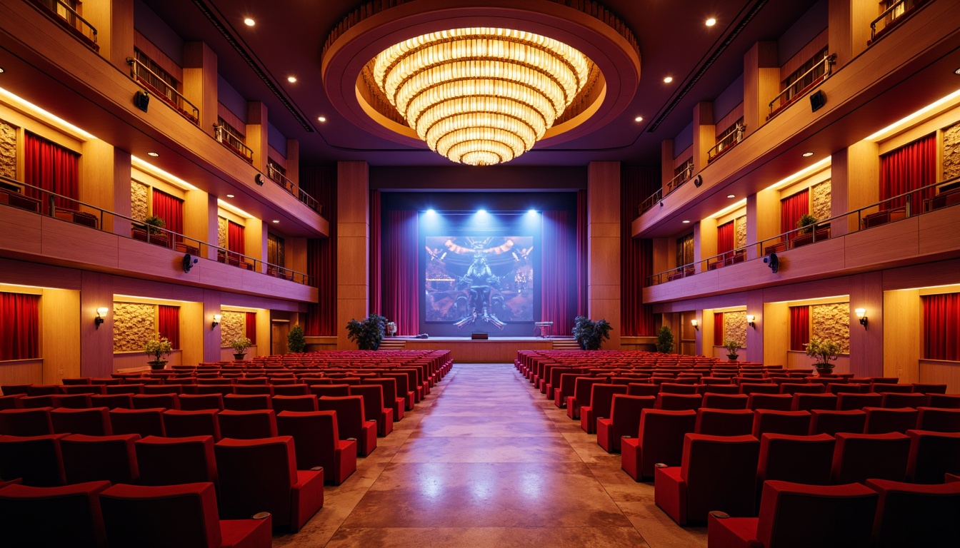 Prompt: Vibrant auditorium interior, bold color scheme, contrasting hues, warm ambient lighting, rich wood accents, plush seating, dramatic stage lighting, proscenium arch, ornate details, grand chandelier, polished marble floors, sound-absorbing materials, acoustic panels, minimalist decor, neutral background colors, pops of bright colors, dynamic visual interest, 1/2 composition, atmospheric perspective, realistic textures, soft focus.