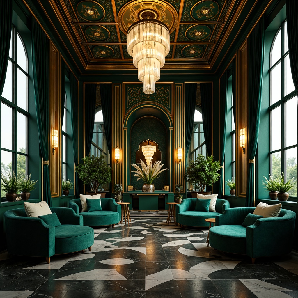 Prompt: Luxurious Art Deco interior, rich jewel-toned color scheme, vibrant emerald green, bold navy blue, metallic gold accents, geometric patterns, ornate details, lavish furnishings, velvet textures, marble floors, crystal chandeliers, opulent drapery, sophisticated ambiance, dramatic lighting, warm golden glow, shallow depth of field, 1/1 composition, realistic reflections, high-contrast rendering.