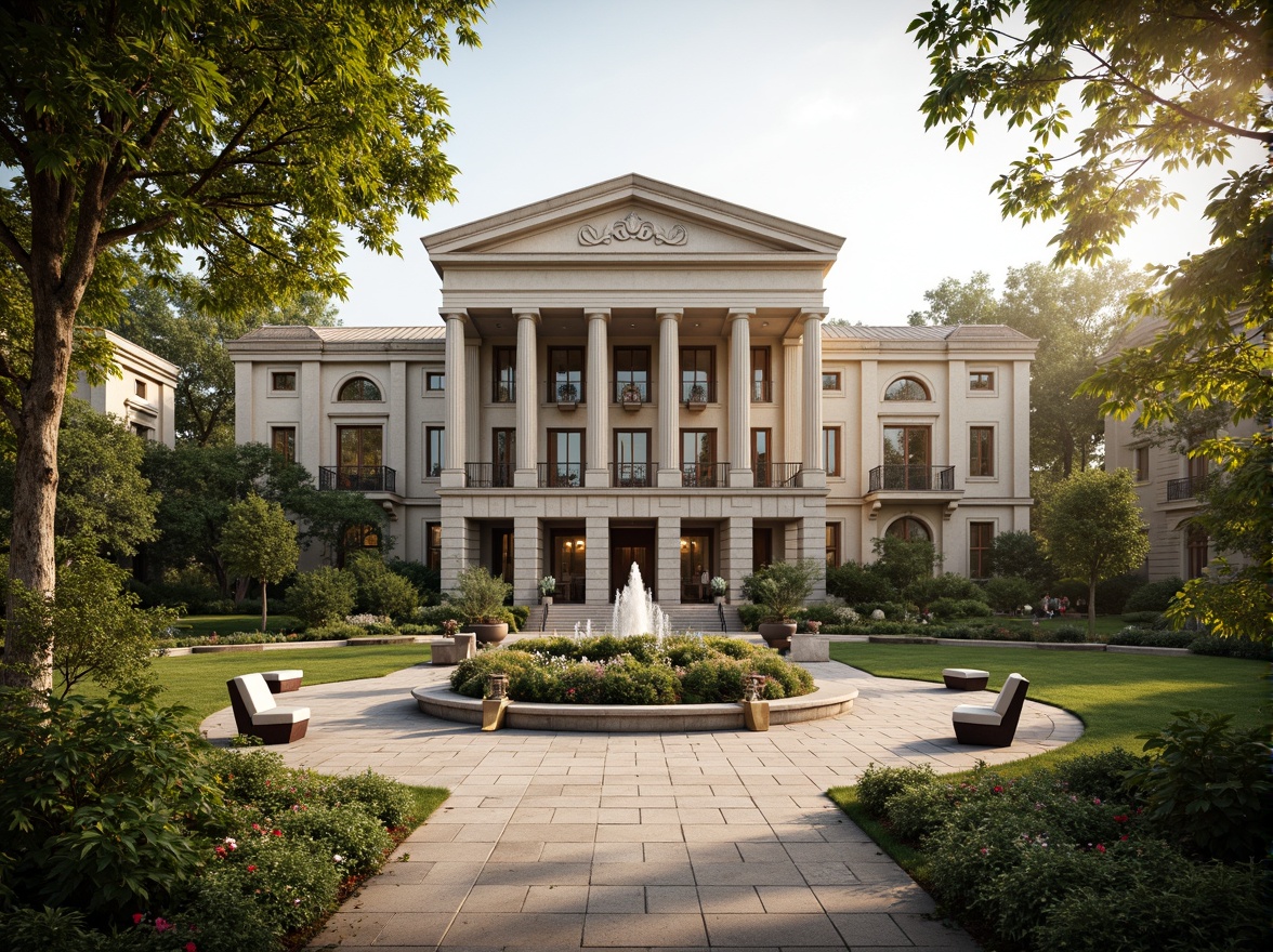 Prompt: Grand neoclassical office building, imposing stone facade, ornate columns, symmetrical architecture, manicured lawn, topiary trees, seasonal flower beds, meandering walkways, elegant fountains, bronze statues, verdant greenery, natural stone pavers, sophisticated outdoor seating, classic urns, refined lighting fixtures, warm golden hour, shallow depth of field, 1/1 composition, realistic textures, ambient occlusion.