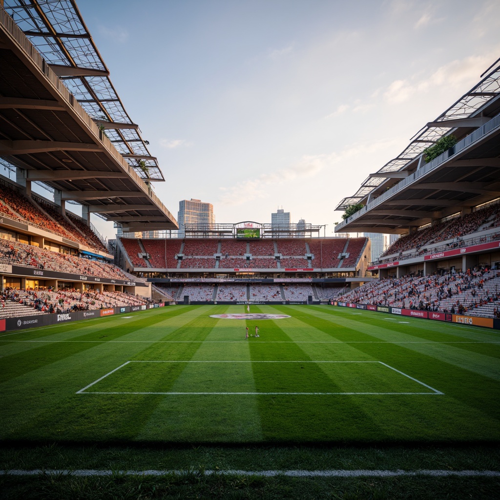 Prompt: Modern soccer stadium, sleek curved lines, cantilevered roofs, vibrant green turf, goalposts, scoreboards, floodlights, tiered seating, VIP boxes, premium lounges, open-air concourses, food and beverage stalls, merchandise shops, restrooms, entrance gates, turnstiles, security cameras, emergency exits, natural ventilation systems, retractable roofs, transparent canopies, urban cityscape backdrop, evening sunset atmosphere, warm golden lighting, shallow depth of field, 1/1 composition, realistic textures, ambient occlusion.