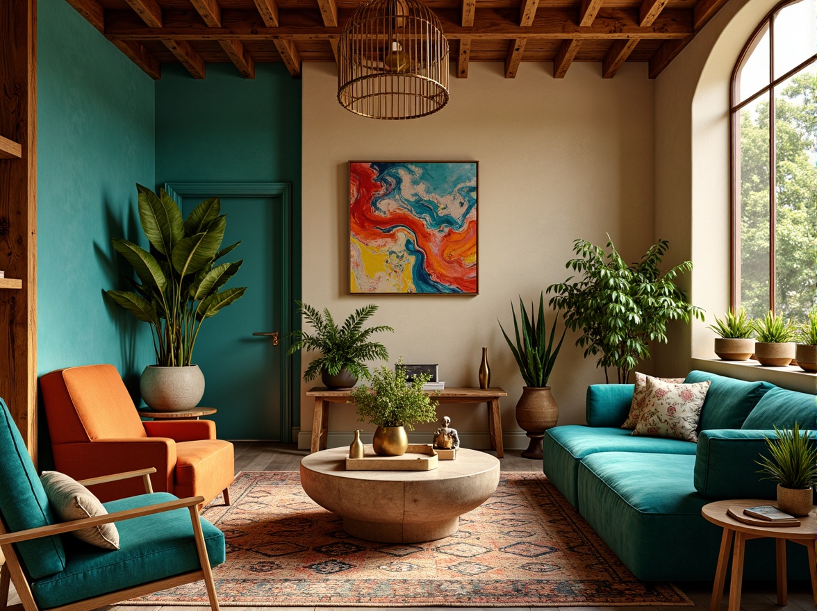 Prompt: Vibrant bohemian interior, rich turquoise accents, warm beige walls, plush velvet furniture, metallic gold decor, lush greenery, natural wood tones, eclectic patterned rugs, abstract artwork, soft warm lighting, atmospheric shadows, 2/3 composition, shallow depth of field, realistic textures, ambient occlusion.