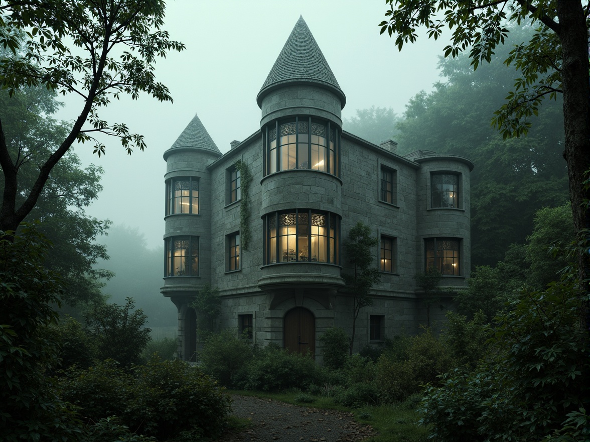 Prompt: \Mysterious medieval castle, rugged stone walls, towering spires, grandiose stained glass windows, intricate carvings, mystical foggy atmosphere, surrounding lush forest, twisted tree branches, overgrown vines, misty morning, soft golden lighting, shallow depth of field, 1/1 composition, realistic textures, ambient occlusion, dramatic shadows.\Let me know if you need any adjustments!