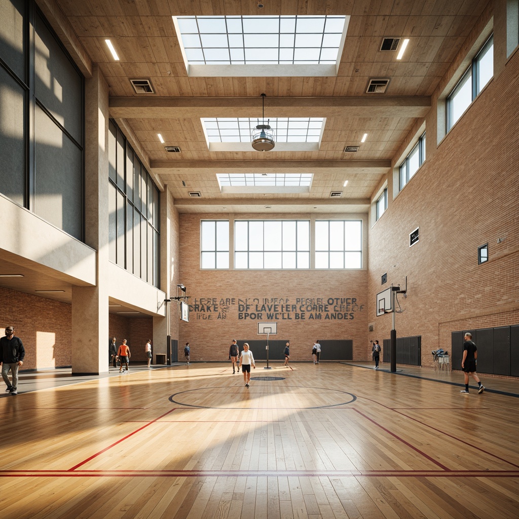 Prompt: Spacious gymnasium interior, high ceilings, clerestory windows, abundant natural light, polished wooden floors, sports equipment, basketball hoops, volleyball nets, athletic tracks, motivational quotes, modern minimalist architecture, rectangular shapes, functional design, energy-efficient systems, sustainable materials, bright warm colors, soft shadows, shallow depth of field, 1/1 composition, realistic textures, ambient occlusion.