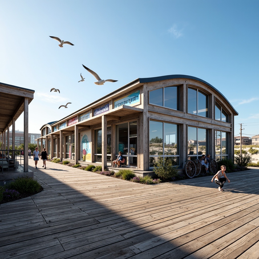 Prompt: Weathered wooden planks, rusty metal rails, vintage train wheels, nautical-themed signage, seaside-inspired murals, ocean-breeze-weathered fa\u00e7ade, curved architectural lines, large glass windows, steel frames, modern coastal architecture, sandy dunes, seagulls flying overhead, clear blue sky, warm sunny day, soft natural lighting, 1/1 composition, realistic textures, ambient occlusion.