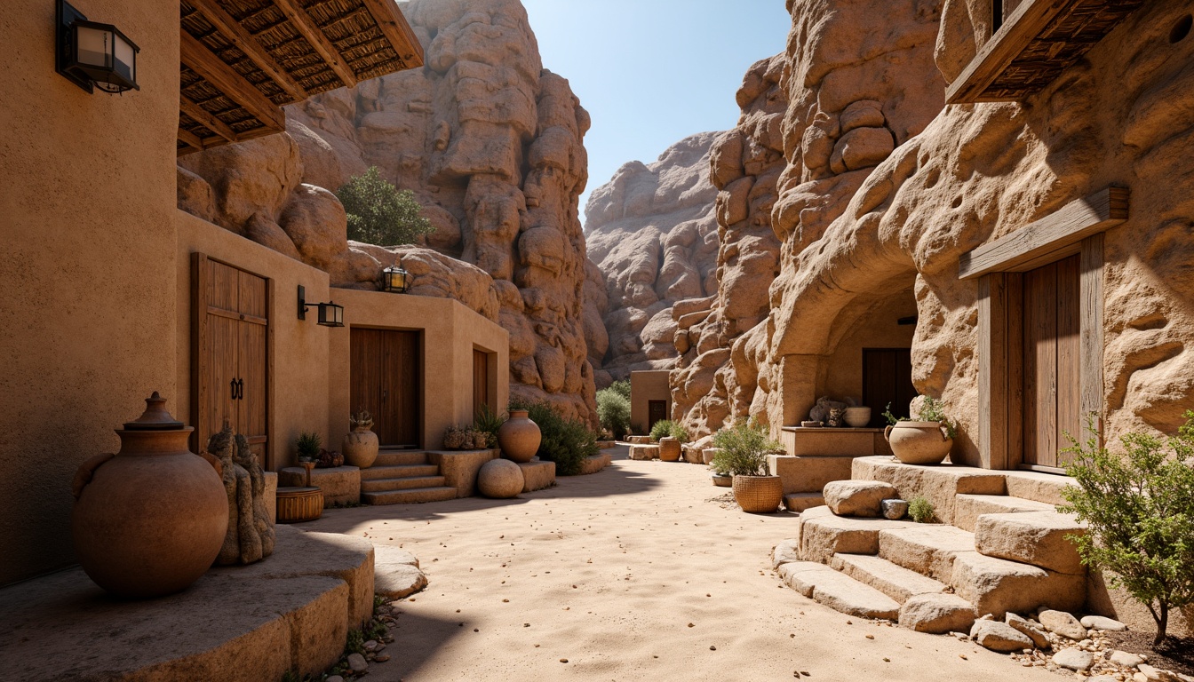 Prompt: Rugged canyon landscape, rocky formations, sandy earth tones, weathered stone walls, wooden accents, natural fiber textiles, woven baskets, rustic metal fixtures, distressed wood beams, earthenware pottery, desert flora, cacti, succulents, warm sunlight, soft shadows, ambient occlusion, realistic rock textures, detailed normal maps, 1/1 composition, wide-angle lens, cinematic lighting.