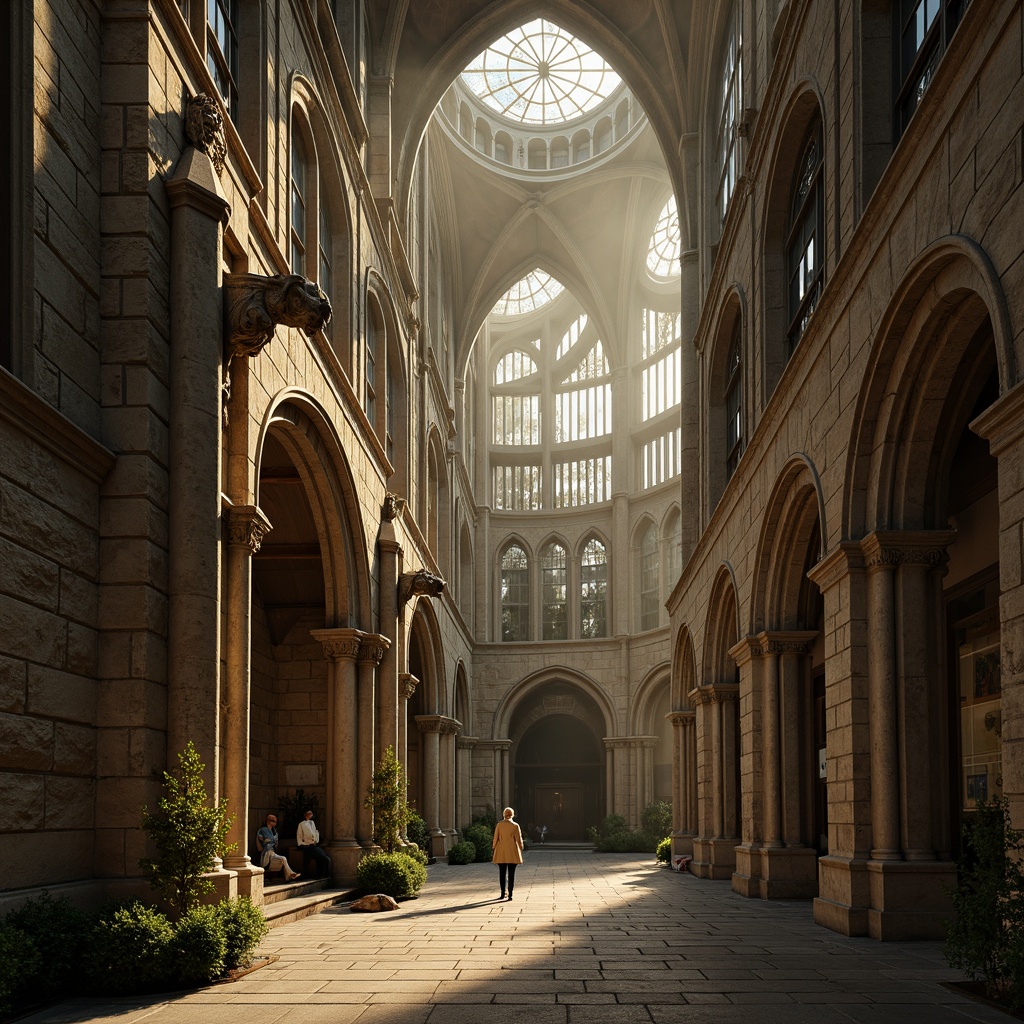 Prompt: Majestic Gothic cathedral, rugged stone walls, ornate carvings, pointed arches, ribbed vaults, flying buttresses, grand rose windows, intricate tracery, weathered stone fa\u00e7ade, moss-covered statues, mysterious foggy atmosphere, warm golden lighting, soft focus, 1/2 composition, dramatic shadows, realistic stone textures, ambient occlusion.