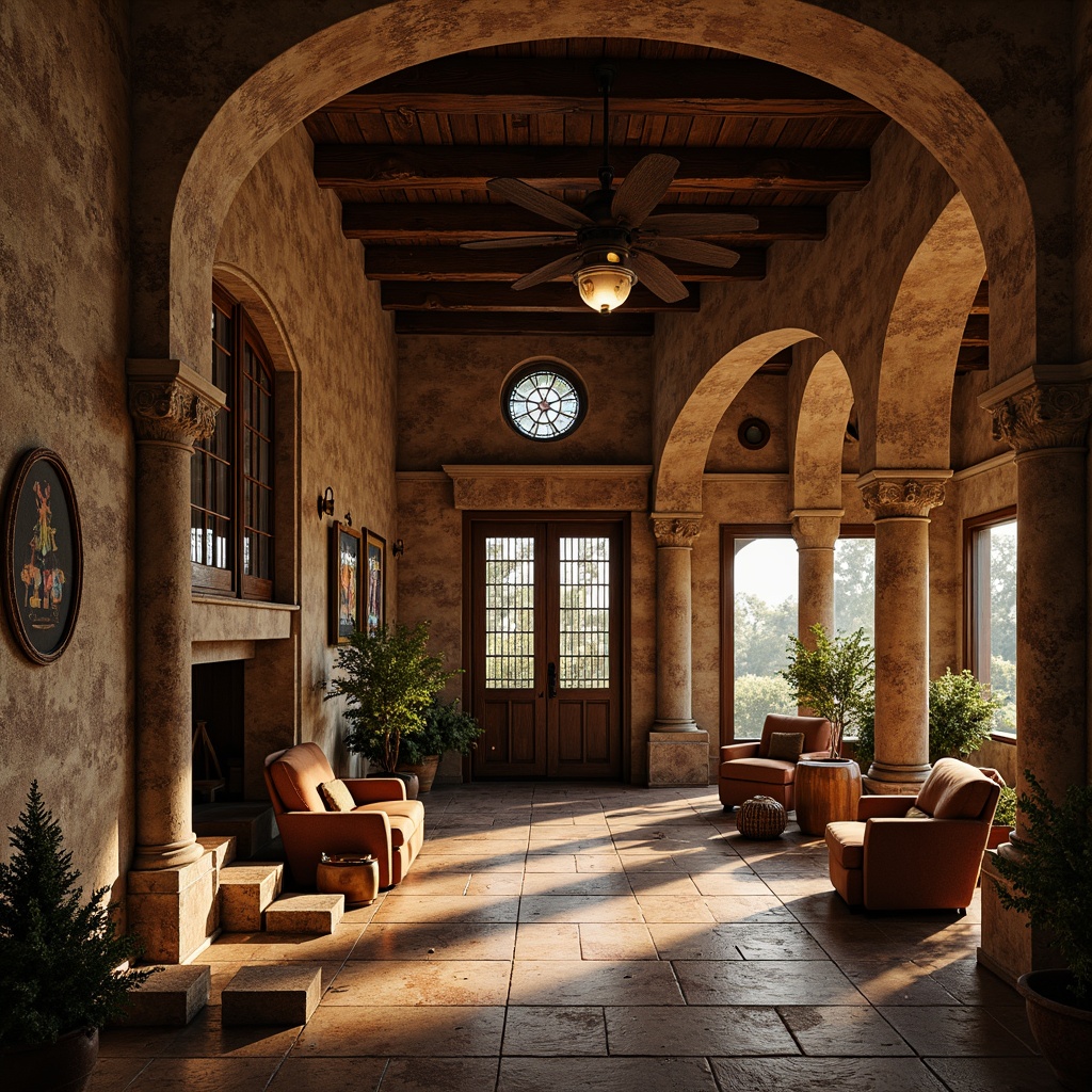 Prompt: Rustic Romanesque house, rounded arches, stone walls, earthy tones, ornate carvings, grand entrance, imposing columns, barrel-vaulted ceilings, stained glass windows, rich textiles, warm golden lighting, soft focus, shallow depth of field, 1/2 composition, dramatic shadows, intricate architectural details, ambient occlusion.