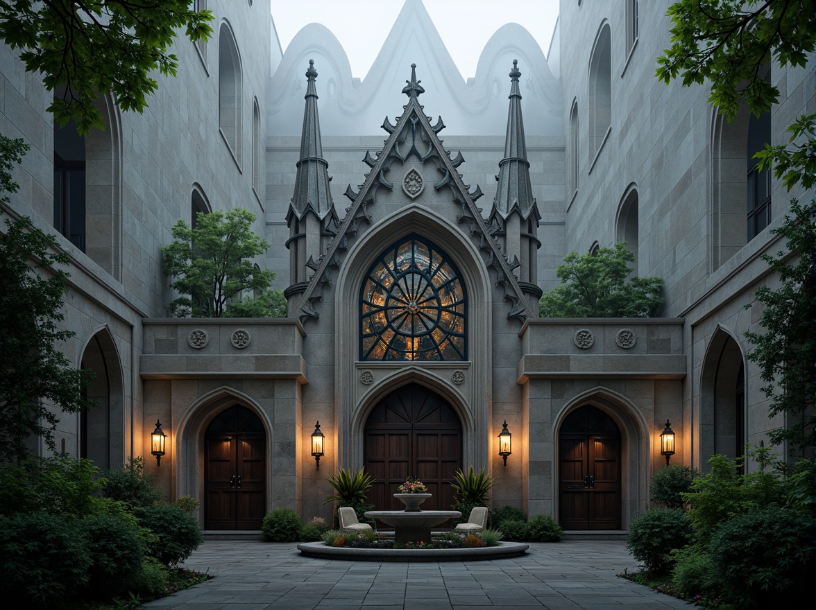 Prompt: Intricate stone carvings, grandiose arches, ribbed vaults, pointed spires, flying buttresses, ornate gargoyles, stained glass windows, mystical lanterns, rusticated walls, majestic entrance gates, lush greenery, misty atmosphere, soft diffused lighting, high contrast ratio, cinematic composition, dramatic shadows, warm earthy tones, mysterious ambiance.