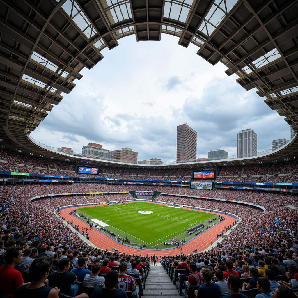 Prompt: Massive football stadium, sleek modern architecture, cantilevered roofs, reinforced concrete structures, vibrant team color schemes, polished metal beams, durable weather-resistant membranes, natural grass playing fields, athletic track surfaces, spectator seating areas, elevated viewing platforms, floodlighting systems, goalpost frameworks, scoreboard displays, electronic advertising boards, urban cityscape backgrounds, cloudy skies with dramatic sunlight, shallow depth of field, 1/2 composition, realistic textures, ambient occlusion.