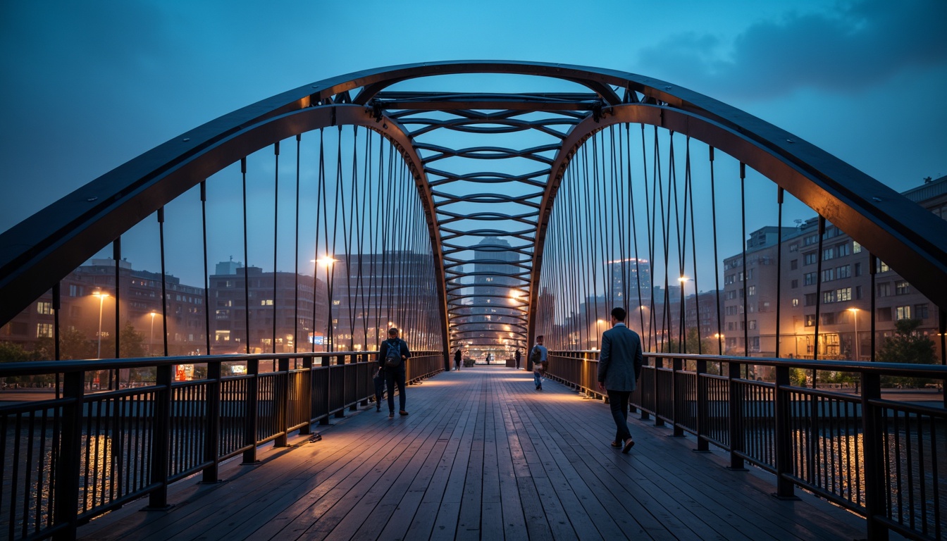 Prompt: Curved pedestrian bridge, steel arches, suspension cables, wooden decking, railing systems, urban cityscape, vibrant streetlights, evening ambiance, misty atmosphere, shallow depth of field, 1/1 composition, realistic textures, ambient occlusion, modern infrastructure, accessibility features, safety handrails, subtle lighting effects, gentle water reflections.