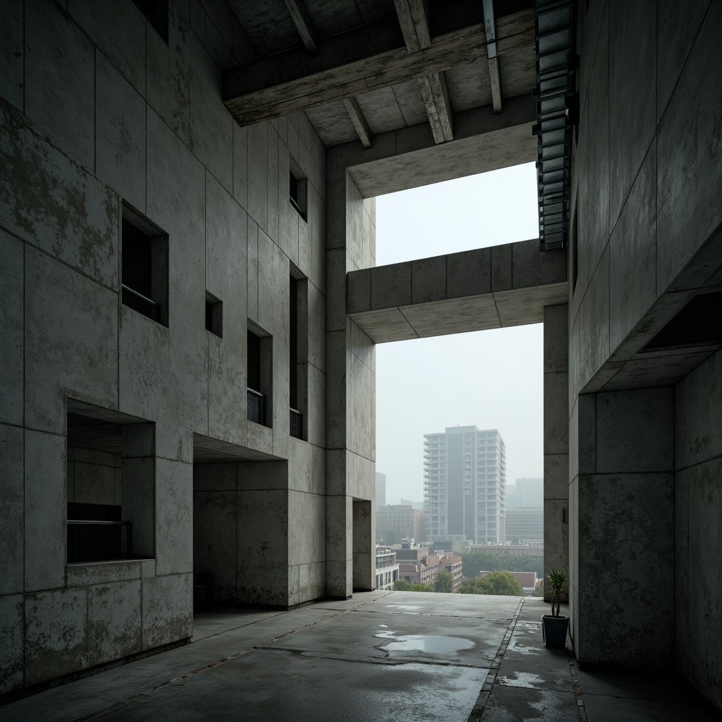 Prompt: Raw concrete walls, exposed ductwork, industrial metal beams, brutalist architecture, dramatic natural light, angular geometric shapes, bold structural elements, minimalist ornamentation, functional simplicity, cold tone color palette, rough textures, urban cityscape, dense fog atmosphere, low-key lighting, 1/2 composition, cinematic mood, realistic rendering.