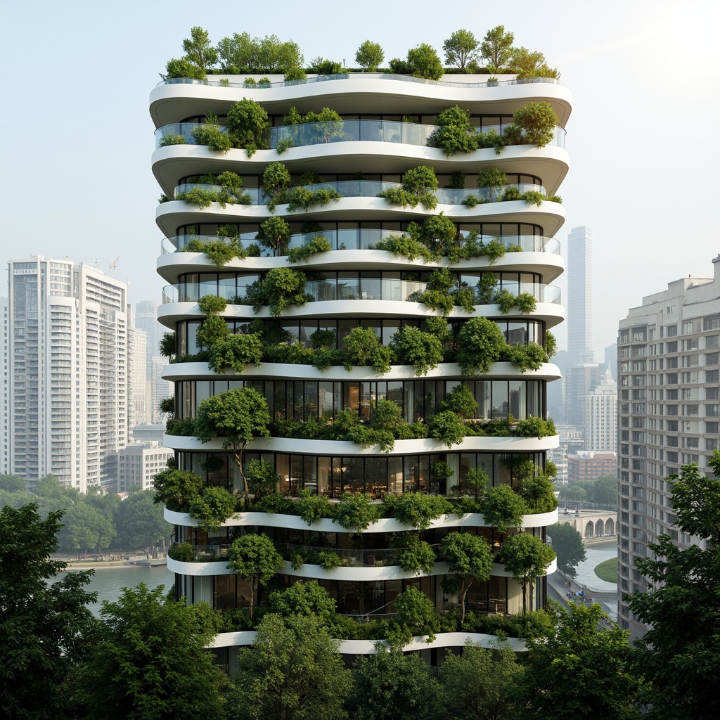 Prompt: Eco-friendly skyscraper, undulating organic curves, lush green walls, verdant rooftops, solar panels, wind turbines, rainwater harvesting systems, recycled materials, natural ventilation, minimal carbon footprint, futuristic design, sleek glass fa\u00e7ade, cantilevered floors, open-air atriums, living walls, urban farming, vertical gardens, misty morning light, soft warm glow, shallow depth of field, 1/2 composition, realistic textures, ambient occlusion.