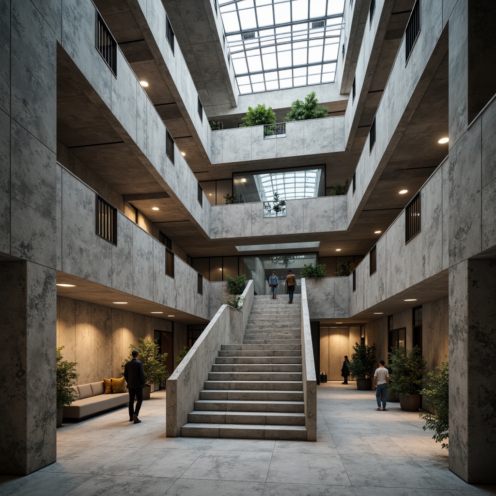 Prompt: Exposed concrete walls, rugged stone textures, brutalist architecture, industrial-style lighting, raw metal beams, minimalist decor, dramatic high ceilings, cantilevered balconies, angular lines, monochromatic color scheme, bold geometric shapes, monumental staircase, grand atrium, diffused natural light, 1/1 composition, symmetrical framing, softbox lighting, realistic material textures.