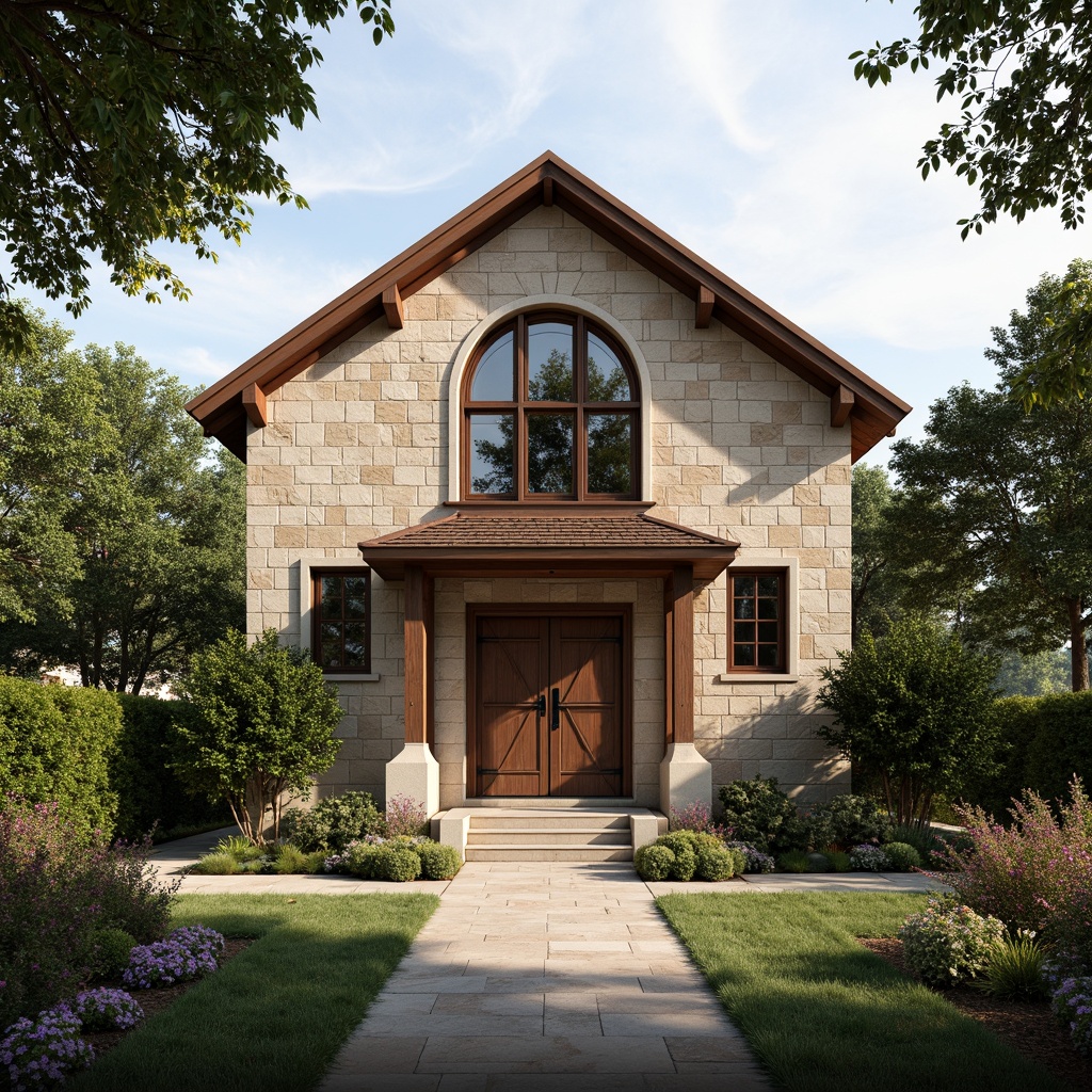 Prompt: Rustic suburban church, natural stone fa\u00e7ade, earthy tones, wooden accents, stained glass windows, ornate metal doors, grand entranceways, symmetrical composition, serene landscaping, lush greenery, blooming flowers, peaceful atmosphere, soft warm lighting, subtle shading, 1/1 aspect ratio, realistic textures, ambient occlusion.