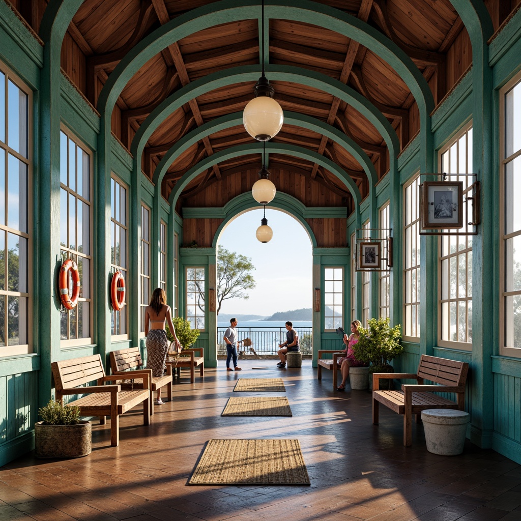 Prompt: Oceanfront coastal train station, nautical themed architecture, wave-inspired curves, large windows, salt-resistant materials, beachy color palette, driftwood accents, ocean breeze ventilation, seagull sounds, salty air atmosphere, weathered steel beams, wooden planks, rope details, lifesaver decorations, vintage maritime elements, nostalgic lanterns, soft warm lighting, shallow depth of field, 1/1 composition, symmetrical framing, realistic textures, ambient occlusion.