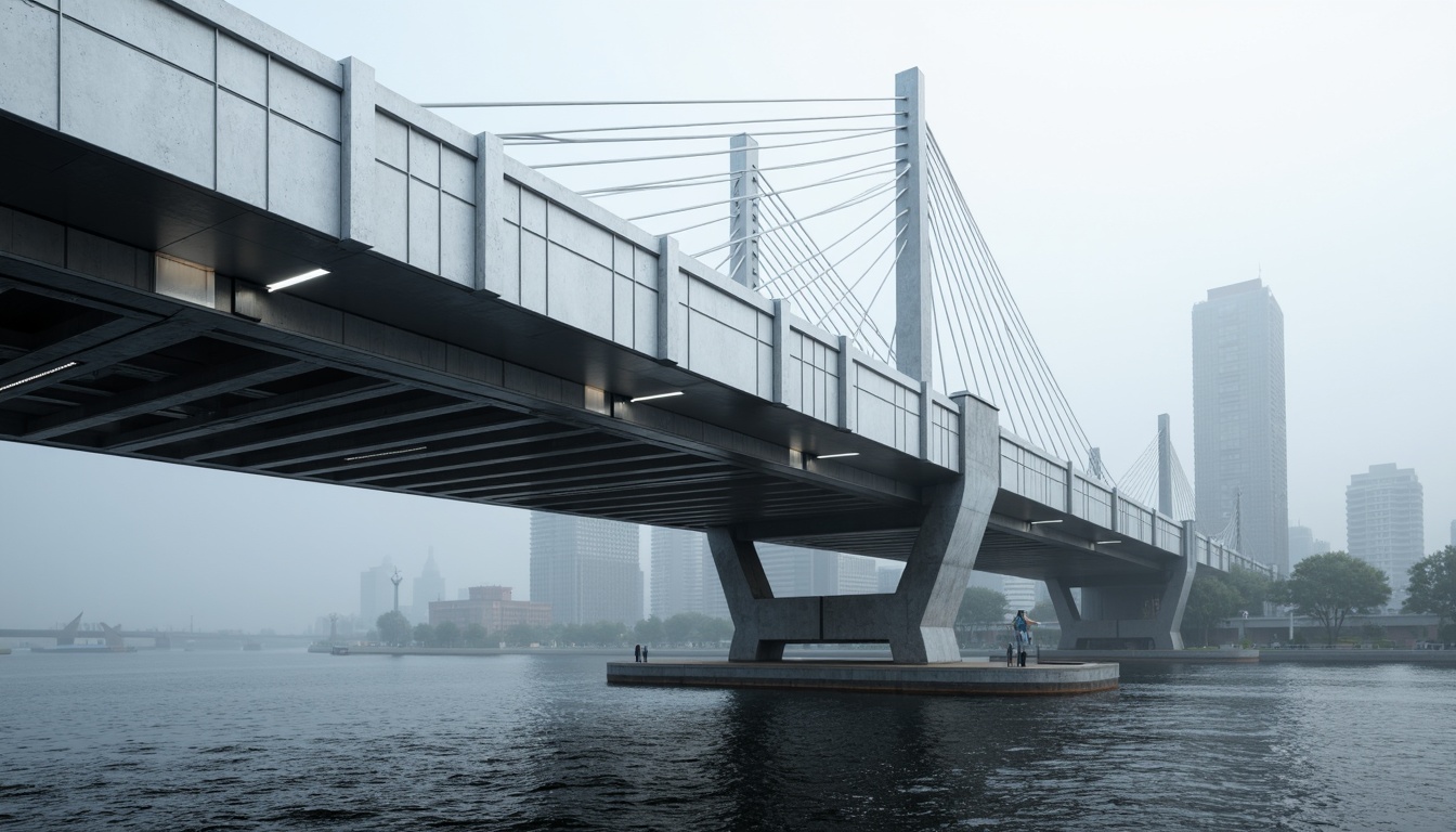 Prompt: Futuristic bridge, sleek metallic beams, angular lines, minimalist design, high-strength steel cables, reinforced concrete piers, modern suspension system, LED lighting strips, gleaming silver railings, urban cityscape, misty morning atmosphere, shallow depth of field, 3/4 composition, panoramic view, realistic reflective surfaces, ambient occlusion.