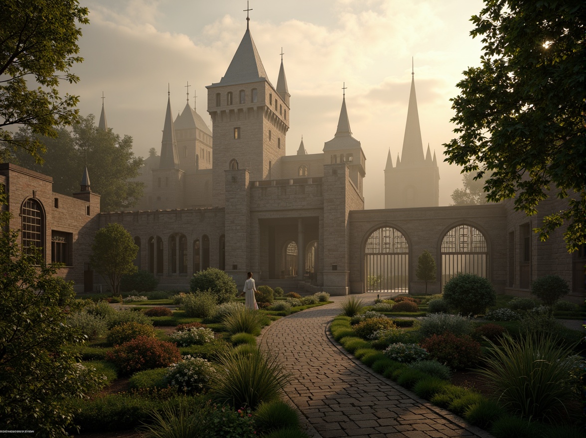 Prompt: Mysterious medieval castle, sprawling gardens, lush greenery, ancient stone walls, grandiose spires, intricate gargoyles, stained glass windows, ornate ironwork, mystical ambiance, foggy misty morning, warm golden lighting, dramatic shadows, 1/2 composition, low-angle shot, cinematic mood, detailed textures, realistic atmosphere.