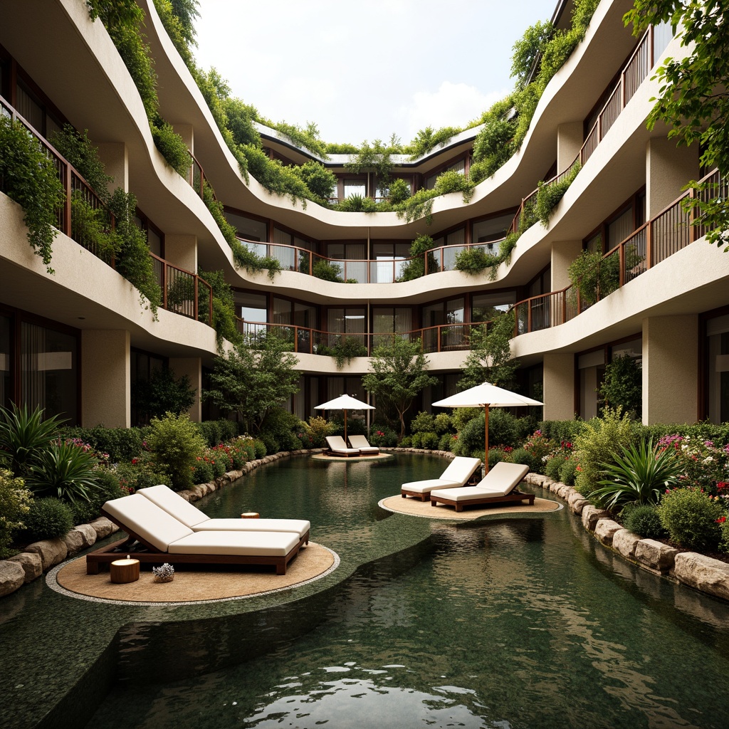 Prompt: Luxurious hotel, lush green roofs, organic architecture, curved lines, natural materials, reclaimed wood, living walls, verdant vegetation, vibrant flowers, soothing water features, eco-friendly design, sustainable energy solutions, solar panels, rainwater harvesting systems, gray water reuse, natural ventilation, soft warm lighting, shallow depth of field, 1/1 composition, intimate atmosphere, serene ambiance, warm beige tones, earthy textures.