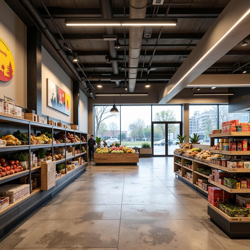 Prompt: Minimalist grocery store interior, industrial chic decor, exposed ductwork, polished concrete floors, steel shelving units, functional display cases, geometric patterned tiles, primary color accents, natural light pouring in, large windows, open ceiling, minimalist signage, modernist typography, functional lighting fixtures, sparse decorative elements, emphasis on function over form, 1/1 composition, high contrast lighting, realistic textures, subtle ambient occlusion.