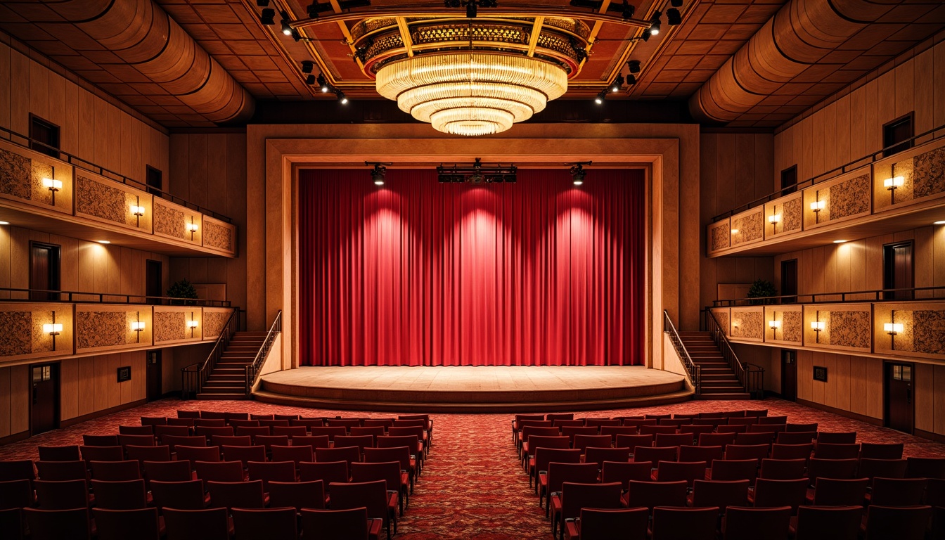 Prompt: Vibrant concert hall, rich wood tones, bold red accents, dynamic lighting effects, luxurious velvet curtains, golden metal details, ornate chandeliers, grand staircases, plush seating areas, warm beige walls, softbox lights, dramatic spotlights, 3/4 composition, shallow depth of field, realistic textures, ambient occlusion.