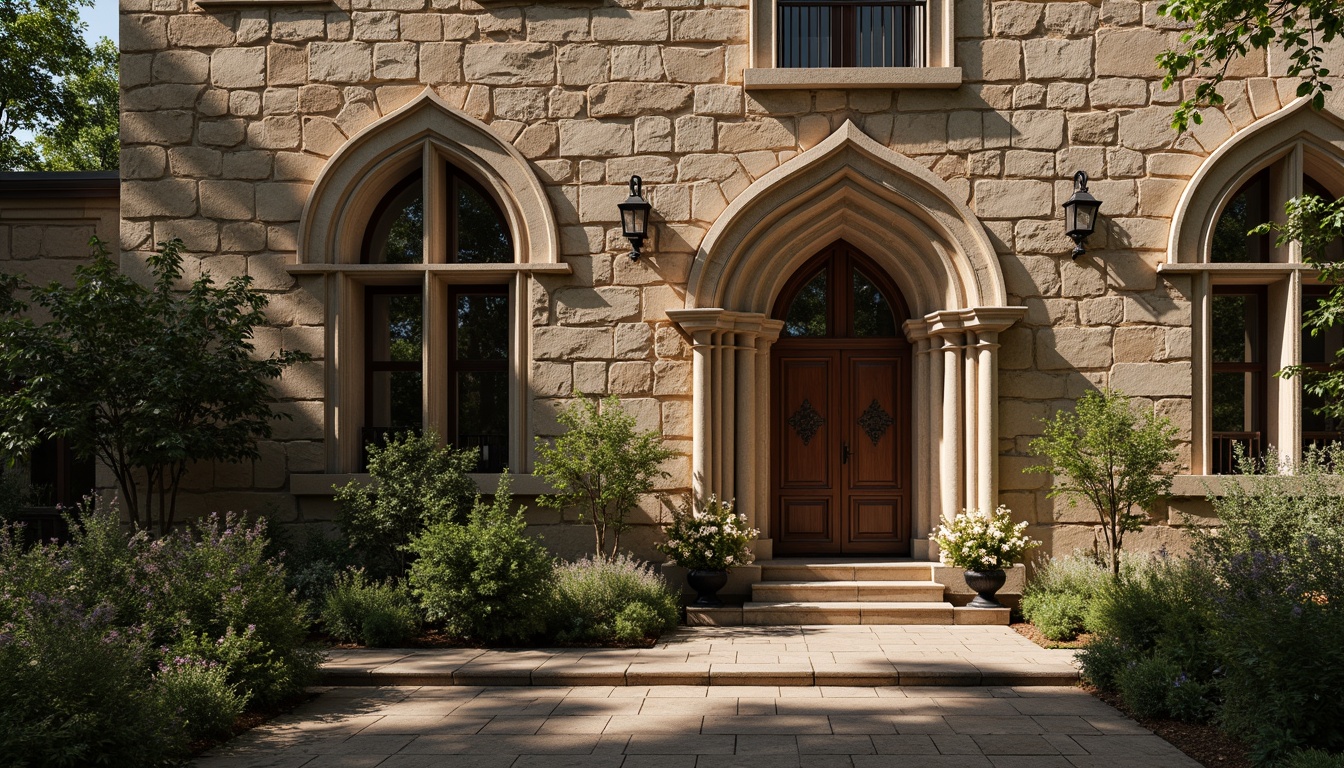 Prompt: Rustic stone facade, arched windows, rounded columns, ornate carvings, intricate stonework, earthy color palette, natural textures, warm ambient lighting, soft focus, shallow depth of field, 1/2 composition, symmetrical arrangement, grand entrance, heavy wooden doors, ornamental ironwork, Gothic-inspired details, weathered stone walls, lush greenery, surrounding trees, serene atmosphere, late afternoon sunlight.