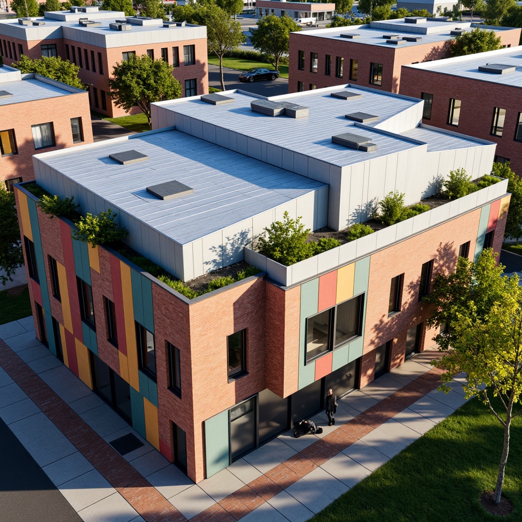 Prompt: Vibrant high school building, eclectic rooflines, asymmetrical facades, bold color schemes, industrial metal cladding, exposed ductwork, modern clerestory windows, cantilevered overhangs, dynamic angles, playful brick patterns, abstract sculptural forms, lush green roofs, urban landscape, afternoon sunlight, soft shadows, 1/2 composition, shallow depth of field, realistic textures, ambient occlusion.