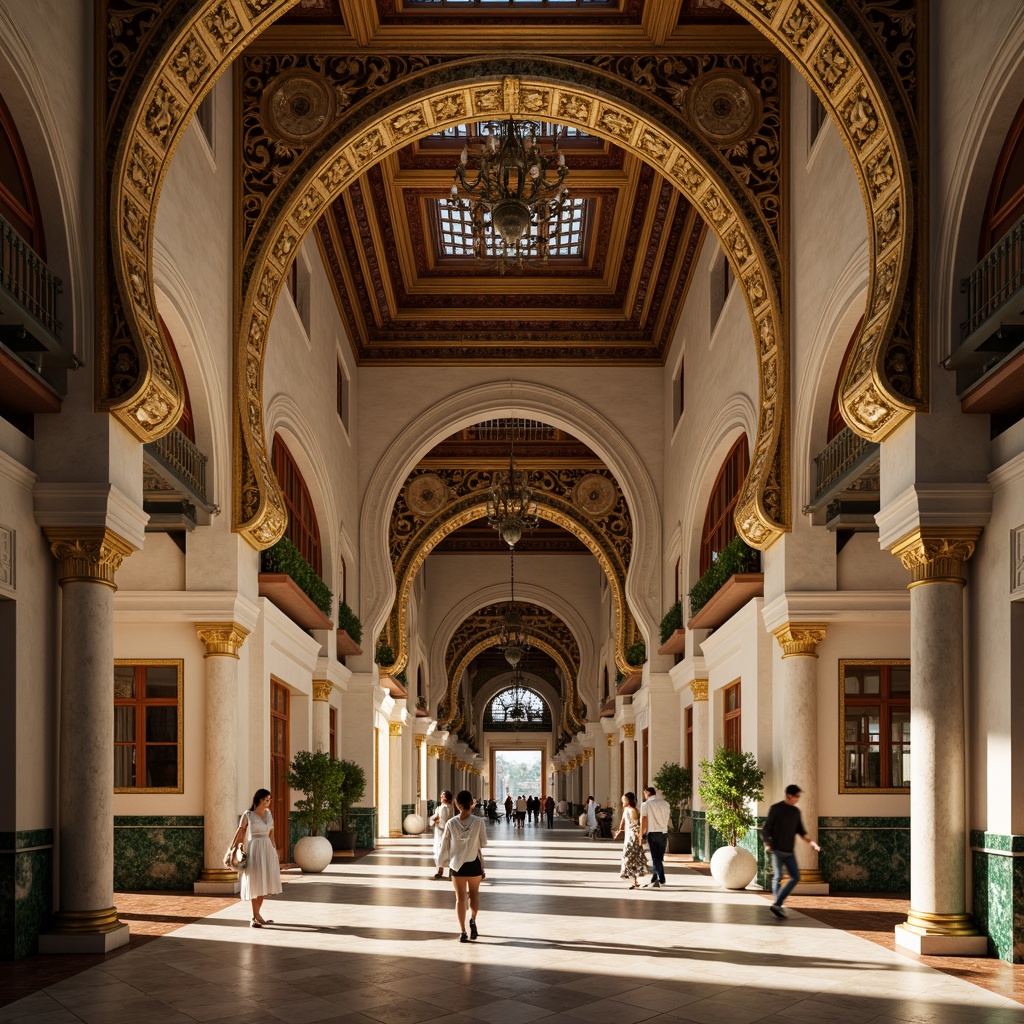 Prompt: Intricate ornamental arches, grandiose entranceways, luxurious golden details, opulent marble columns, elegant curved lines, refined ornate carvings, majestic Moorish-inspired patterns, lavish jewel-toned accents, dramatic shadow effects, warm soft lighting, 1/1 composition, shallow depth of field, realistic textures, ambient occlusion.