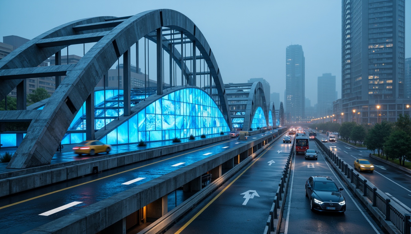 Prompt: Futuristic vehicular bridge, sleek metallic arches, cantilevered roadways, geometric patterns, vibrant blue LED lighting, urban cityscape, misty morning atmosphere, shallow depth of field, 1/1 composition, realistic reflections, ambient occlusion, modernist architectural style, structural steel beams, riveted joints, reinforced concrete piers, dynamic motion blur, low-angle shot, cinematic view.