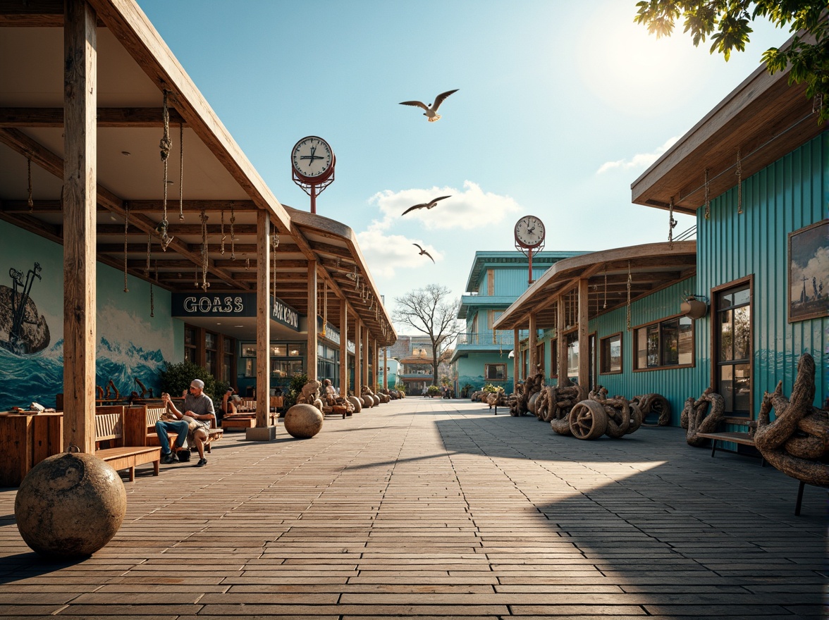 Prompt: Weathered wooden planks, nautical ropes, rusty anchors, ocean-inspired murals, wave-patterned tiles, salty sea air, seagulls flying overhead, coastal walkways, beachside benches, tidal patterns, driftwood sculptures, distressed metal signage, vintage luggage carts, retro-style clock towers, curved platform roofs, marine-blue accents, soft golden lighting, shallow depth of field, 1/2 composition, realistic textures, ambient occlusion.