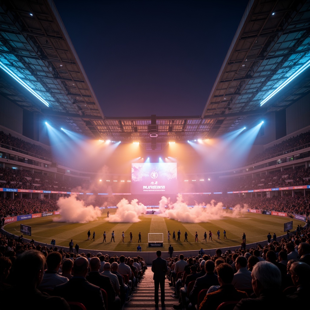 Prompt: Vibrant stadium atmosphere, dynamic lighting systems, LED strips, strobe lights, fog machines, misty ambiance, dramatic spotlights, warm golden illumination, cool blue undertones, layered light textures, 3D modeling, high-contrast rendering, realistic reflections, shallow depth of field, 1/2 composition, cinematic camera angles, immersive spectator experience, electric atmosphere, nighttime events, sports games, concert performances.