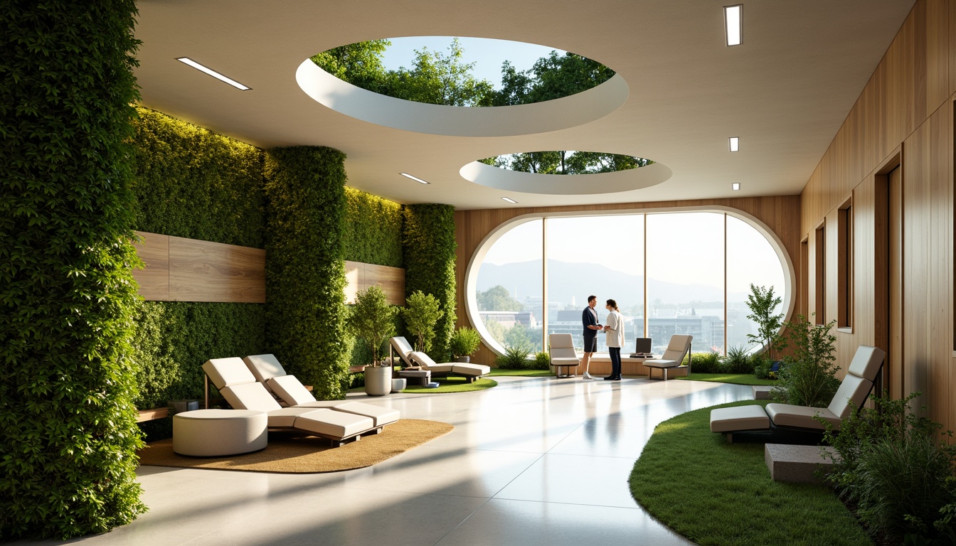 Prompt: Futuristic hospital interior, lush green walls, living plants, natural wood accents, organic curves, minimalist decor, soft warm lighting, shallow depth of field, 3/4 composition, realistic textures, ambient occlusion, calming ambiance, healing atmosphere, modern medical equipment, sleek metal surfaces, advanced technology integration, panoramic views, floor-to-ceiling windows, abundant natural light, soothing color palette, curved lines, futuristic architecture, sustainable materials, eco-friendly design, innovative air purification systems, comfortable seating areas, quiet zones.