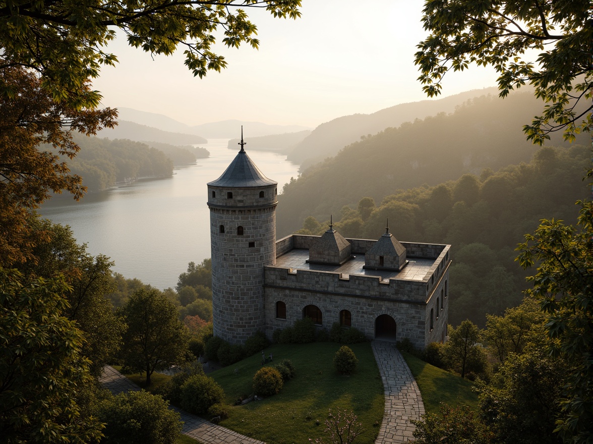 Prompt: Majestic watchtower, medieval castle walls, stone parapets, lush greenery, rolling hills, serene lake views, misty morning atmosphere, warm golden lighting, shallow depth of field, 3/4 composition, panoramic view, realistic textures, ambient occlusion, ancient trees, twisted branches, rugged stone paths, lantern-style lighting, mystical fog effects.