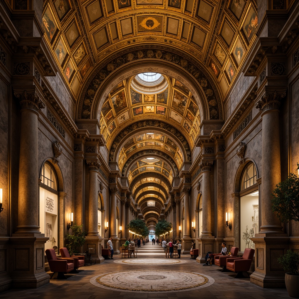 Prompt: Grand archways, ornate carvings, golden mosaics, intricate patterns, majestic domes, vaulted ceilings, rustic stone walls, ancient columns, ornamental capitals, lavish frescoes, mystical icons, warm ambient lighting, dramatic shadows, symmetrical composition, 3/4 perspective, realistic textures, ambient occlusion.