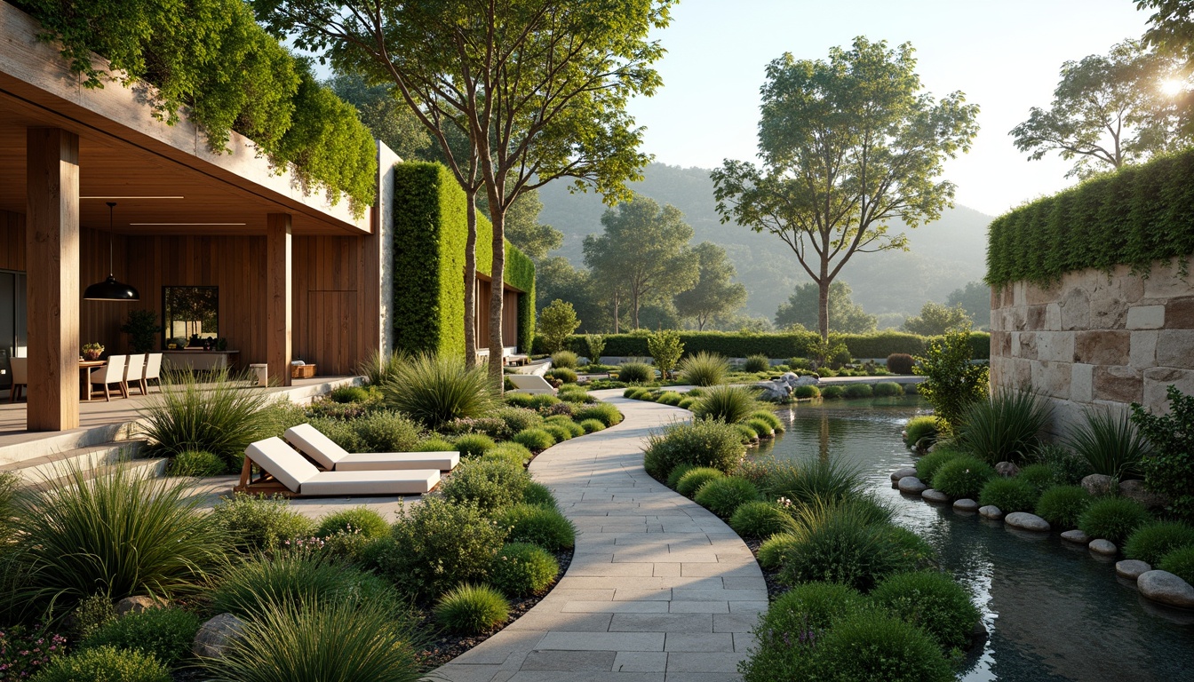 Prompt: Harmonious landscape integration, lush green roofs, living walls, natural stone fa\u00e7ades, wooden accents, eco-friendly materials, sustainable design, organic forms, curvaceous lines, minimalistic approach, seamless transitions, indoor-outdoor connections, panoramic views, abundant natural light, warm soft lighting, shallow depth of field, 3/4 composition, realistic textures, ambient occlusion.