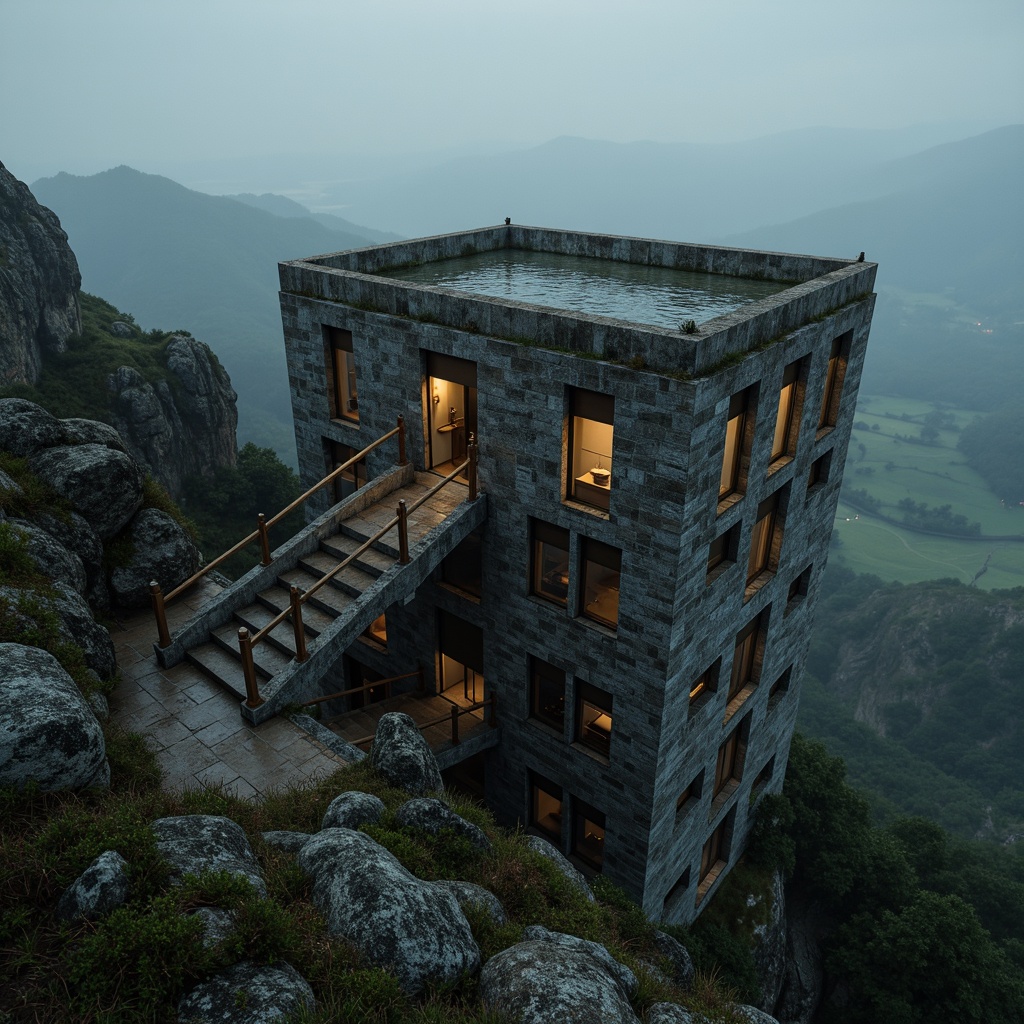 Prompt: Panoramic watchtower, rugged stone walls, winding staircases, narrow windows, dramatic lighting, misty atmosphere, isolated landscape, rolling hills, scenic vistas, elevated viewpoints, 360-degree views, binoculars, telescopes, observation decks, wooden railings, rustic textures, earthy tones, mysterious ambiance, low-key lighting, cinematic composition, atmospheric perspective.