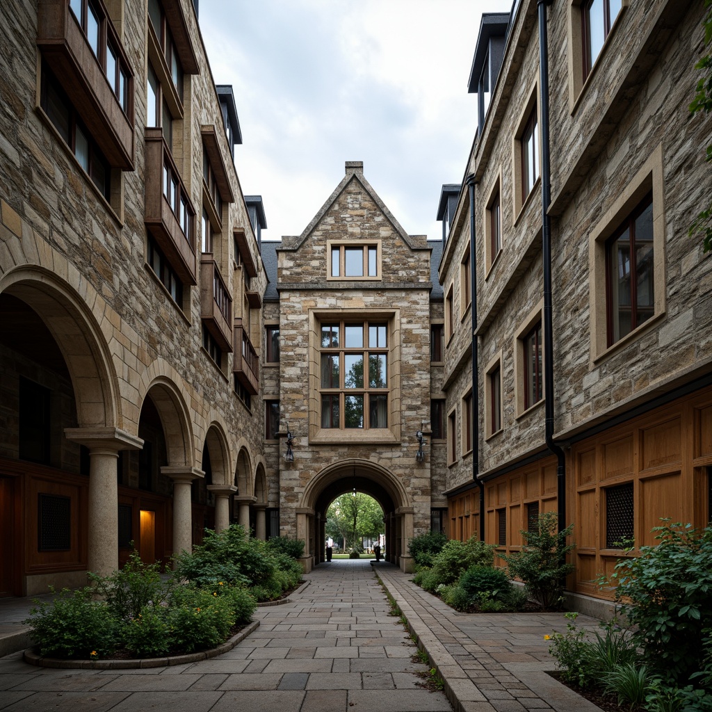 Prompt: Historic university campus, Gothic Revival architecture, weathered stone facades, ornate stone carvings, pointed arches, ribbed vaults, stained glass windows, grand entrance halls, wooden paneling, rich wood tones, muted earthy colors, moss-covered stone walls, overcast skies, warm soft lighting, shallow depth of field, 2/3 composition, dramatic shadows, realistic textures, ambient occlusion.