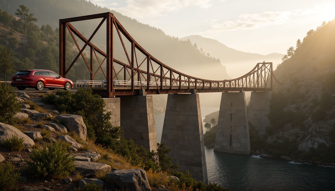 Prompt: Rustic vehicular bridge, industrial steel beams, reinforced concrete pillars, rugged stone foundations, winding roads, misty mountain scenery, foggy mornings, warm golden lighting, shallow depth of field, 1/1 composition, realistic textures, ambient occlusion, dynamic simulation, high-strength materials, crash test simulations, safety barriers, drainage systems, erosion protection, anti-corrosion coatings.