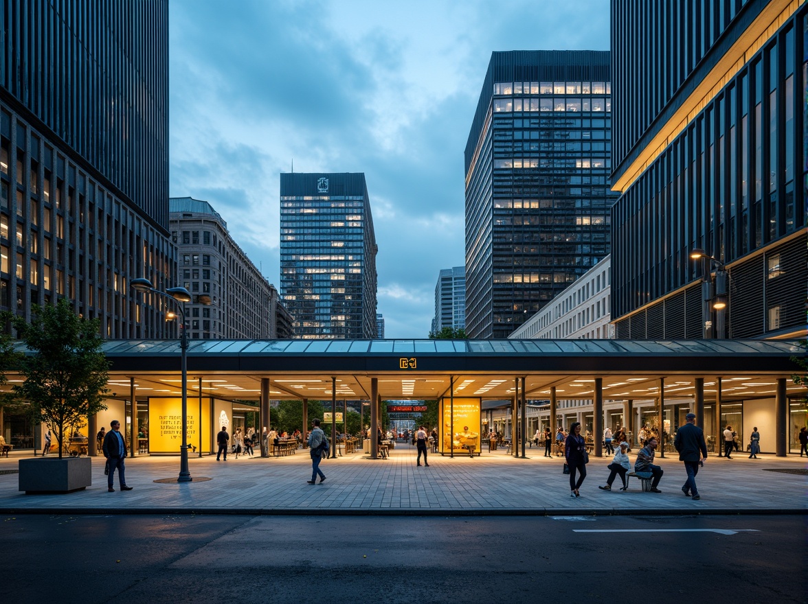 Prompt: Modern tram station, sleek glass roofs, stainless steel columns, bright LED lighting, bold color scheme, vibrant yellow accents, deep blue tones, neutral grey backgrounds, urban cityscape, morning rush hour, soft natural light, shallow depth of field, 3/4 composition, realistic textures, ambient occlusion.